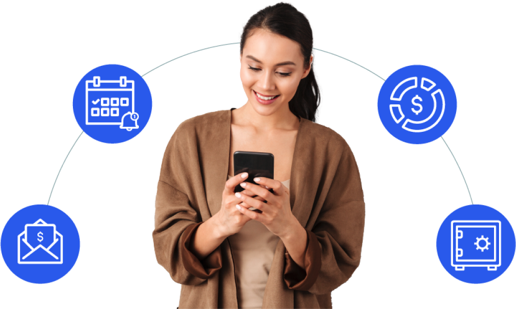 Icons behind a person on a phone, including a bill, a calendar with a bell, a donut chart, and a safe. Icons behind a person on a phone, including a bill, a calendar with a bell, a donut chart, and a safe.