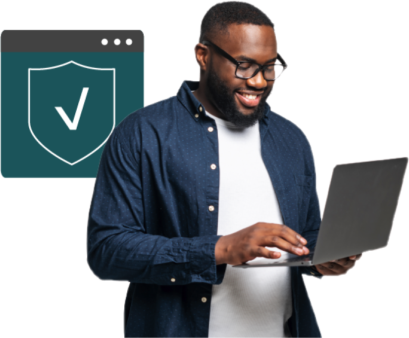 security-hero-graphic Woman holding an open laptop with a superimposed graphic of a browser window and shield with a checkmark behind her
